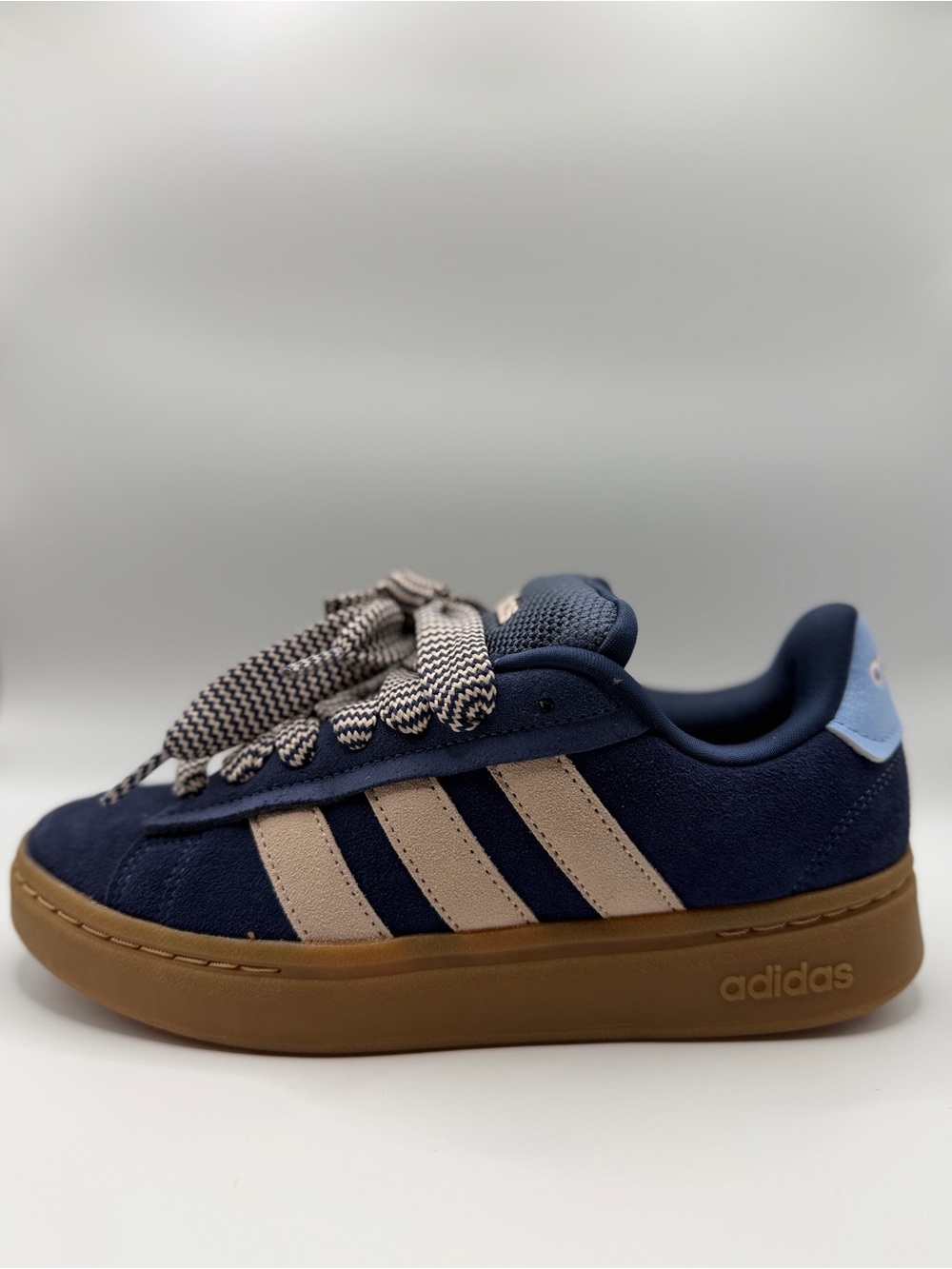 adidas Kids Navy Suede Sneakers with Beige Stripes and Gum Sole